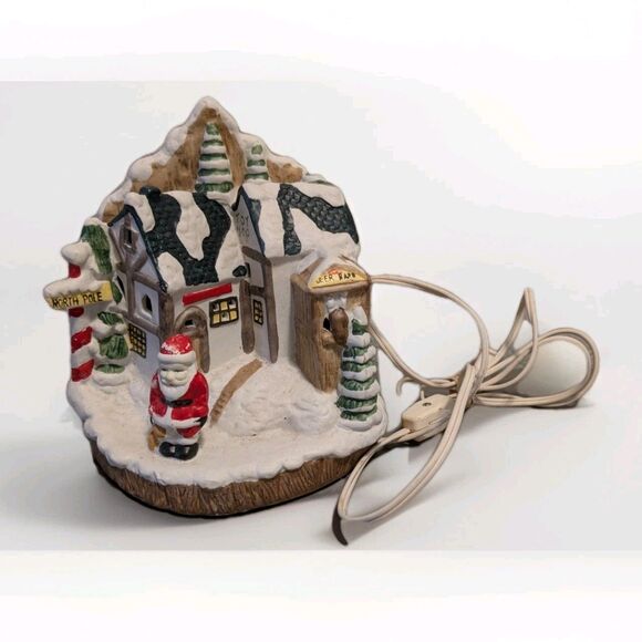 Vintage Lighted Santa North Pole Village House Ceramic Christmas Decoration 7" - Picture 1 of 11